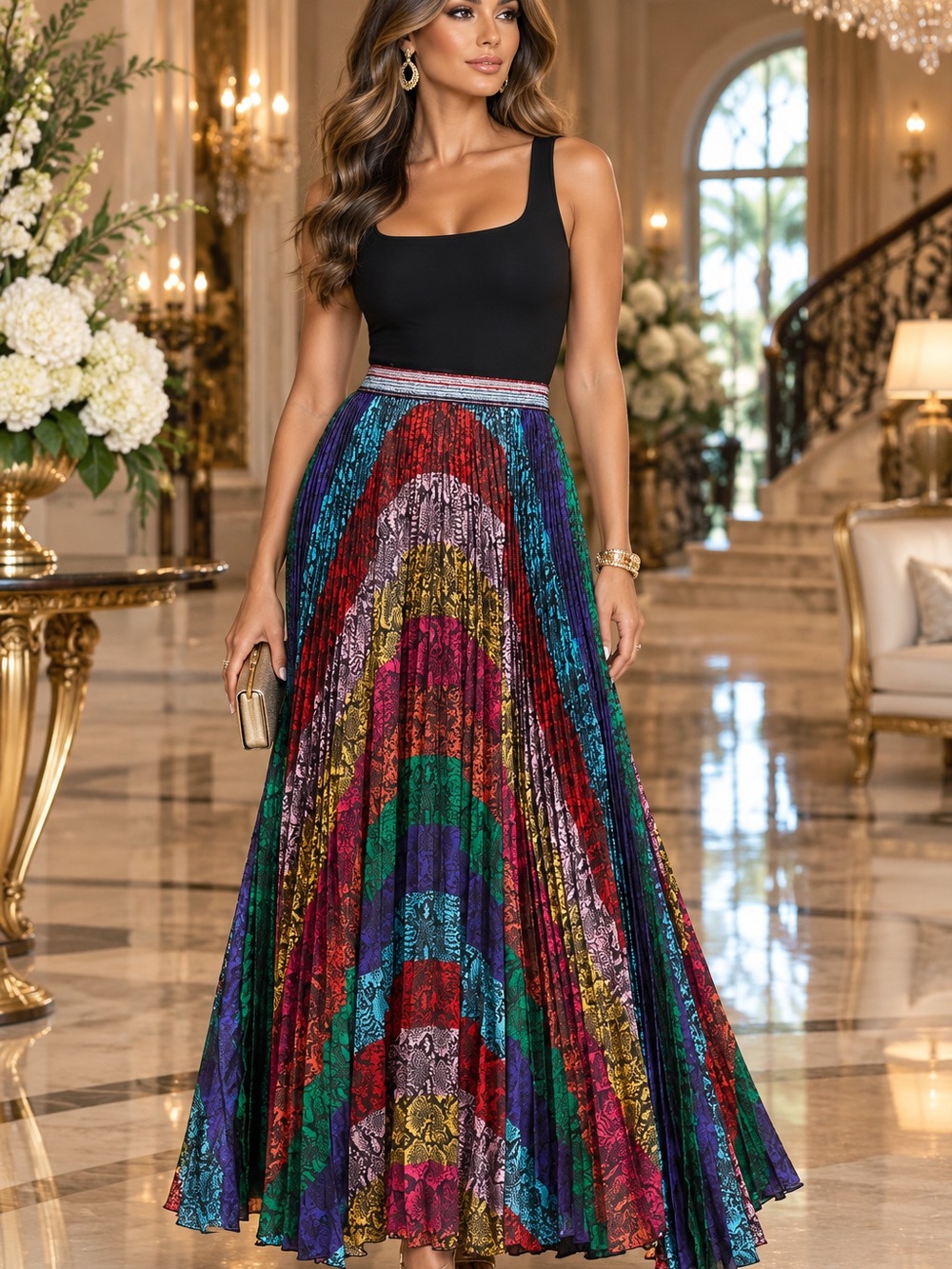 Alice + Olivia Kats Rainbow Snake Print Pleated Multicolor Woman’s Maxi skirt 2